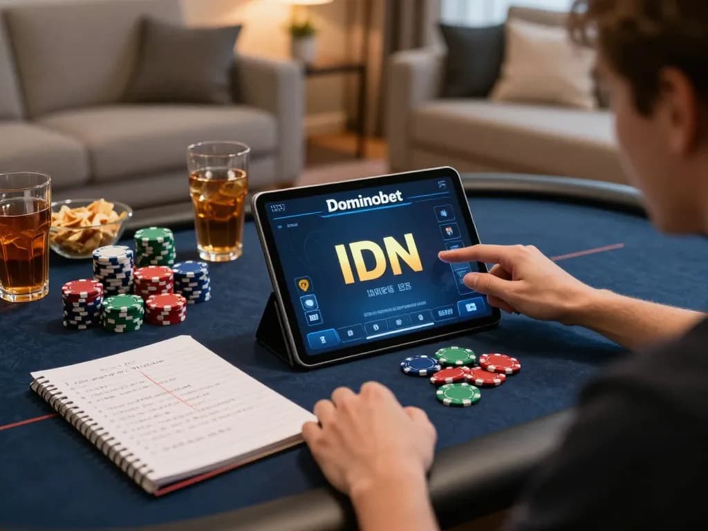 Engaging scene of a player immersed in Dominobet IDN Poker with strategy notes in a cozy atmosphere