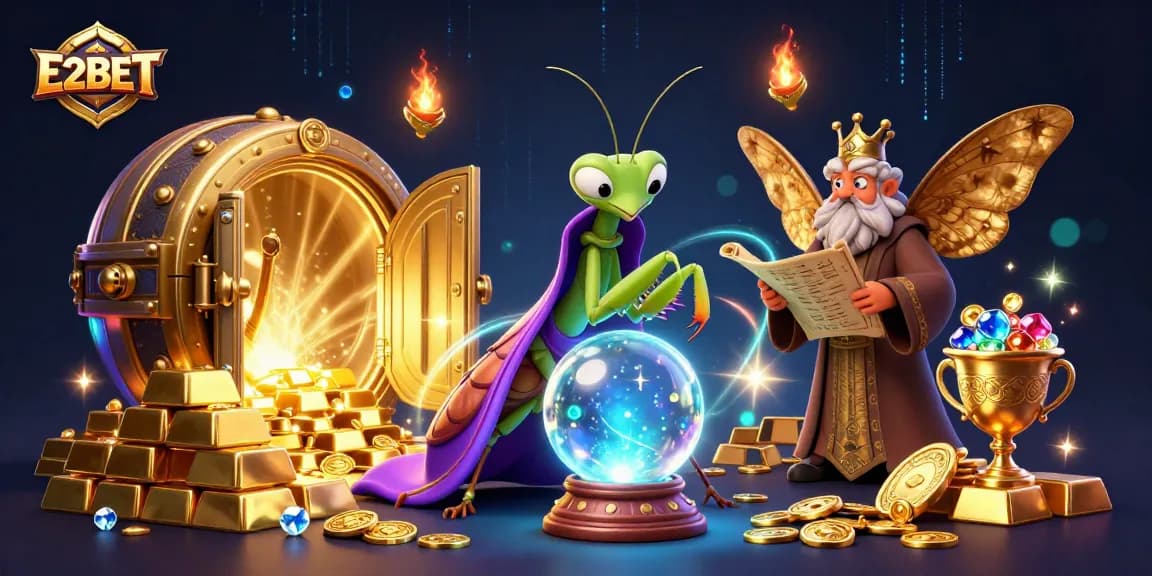 E2BET showcases a vibrant 3D illustration of a fortune teller and librarian amidst treasures, enhancing your gaming experience.