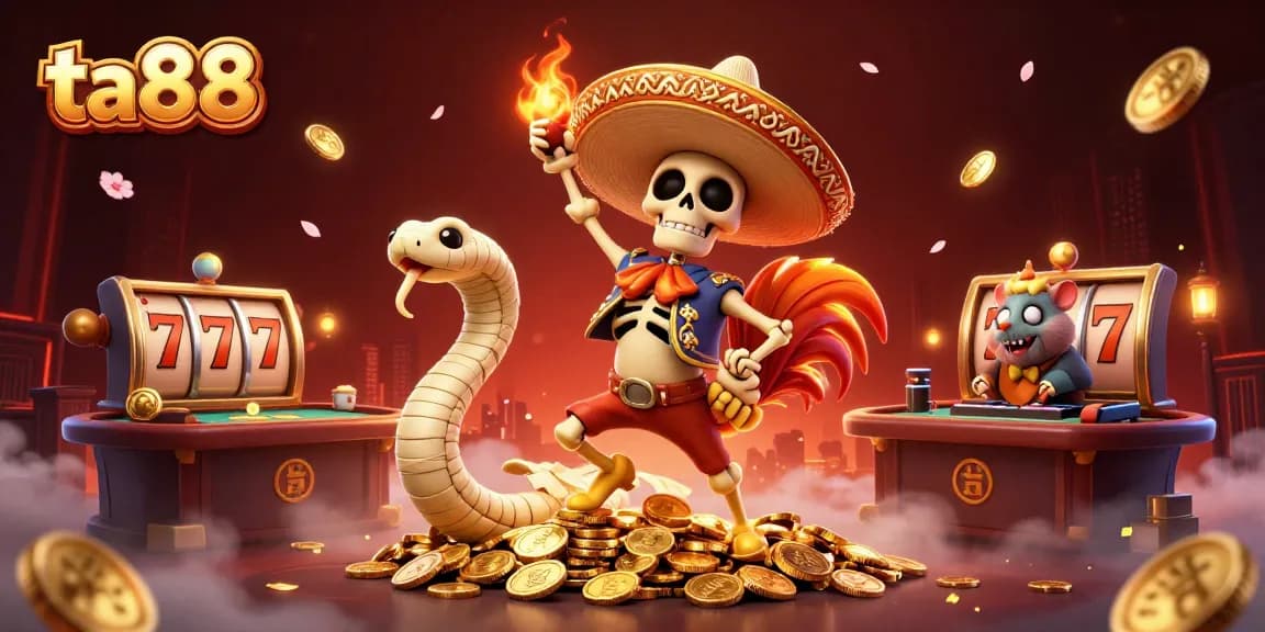 ta88's vibrant casino scene with a dancing mariachi rooster and a DJ hamster amidst poker and gold elements.