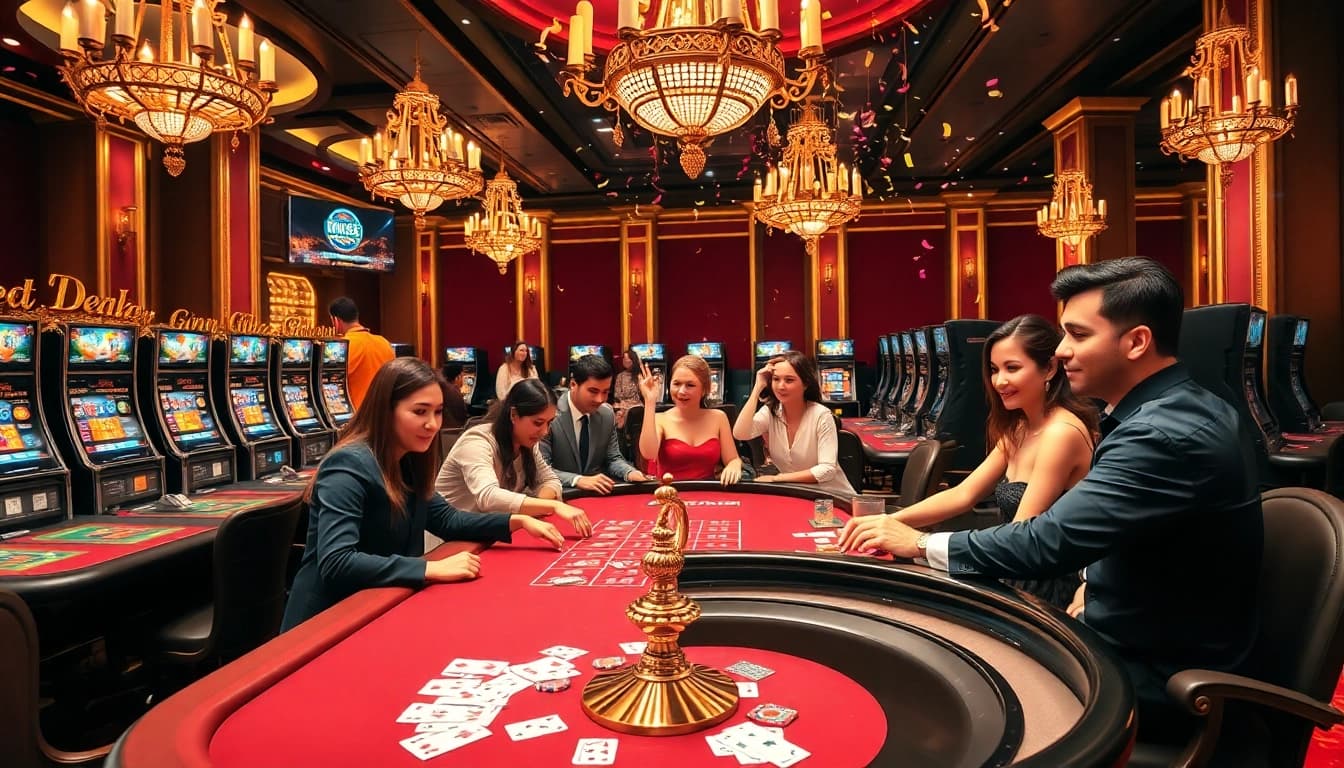 Excited players enjoying the thrill of UU88 CASINO with vibrant slot machines and poker tables.