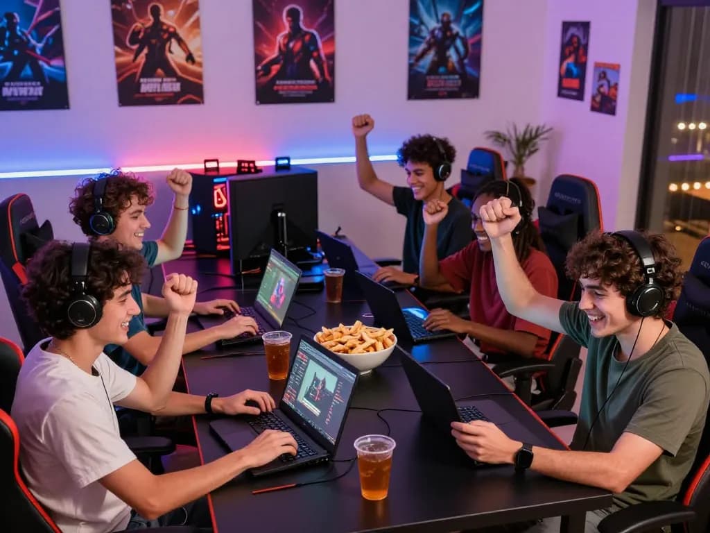 Exciting online gaming scene showcasing friends enjoying sc88.com with laptops and snacks.