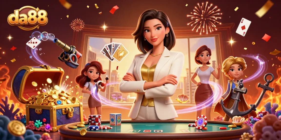 Experience da88's captivating gaming world with a powerful woman poised for action in a glamorous setting.