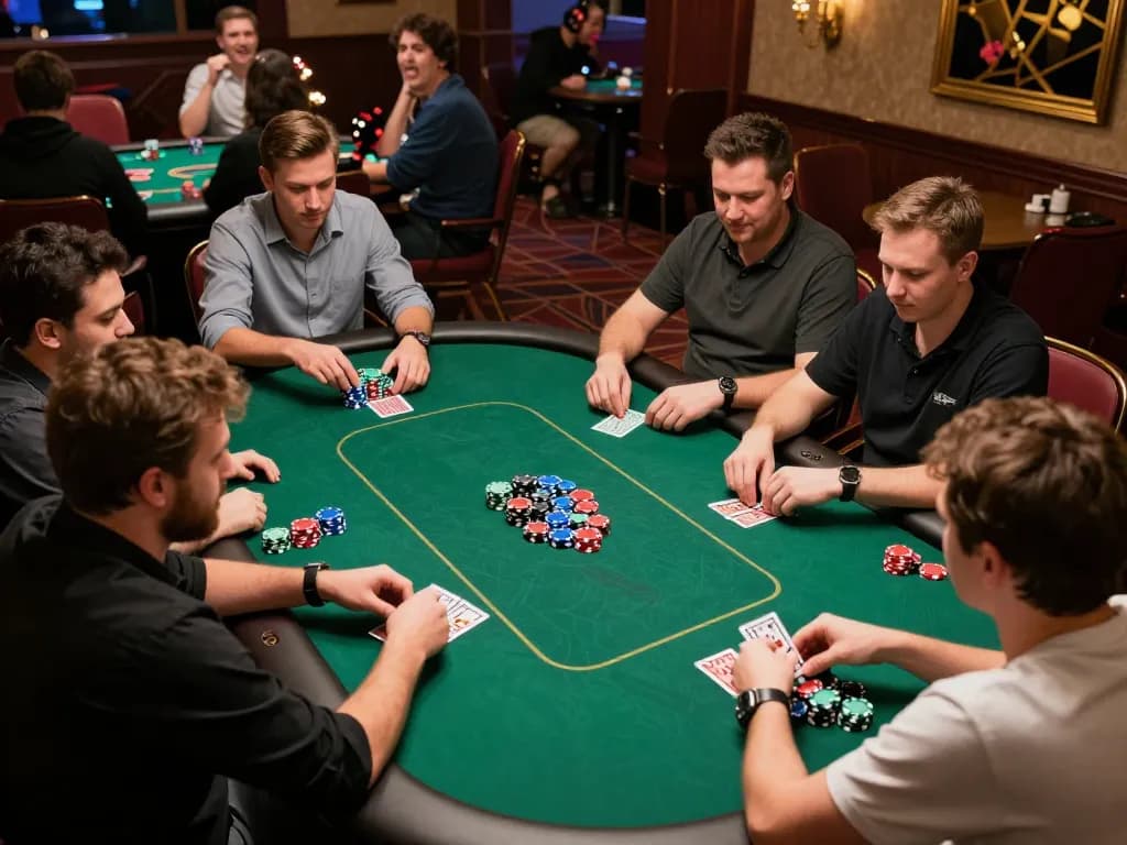 Engaging scene of LODE88 poker tournament showcasing players in action, chips and cards strategically placed.