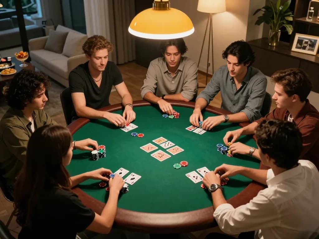 Players engage in a strategic poker game at home, showcasing a social atmosphere under warm lighting, highlighting the essence of nhà cái gameplay.