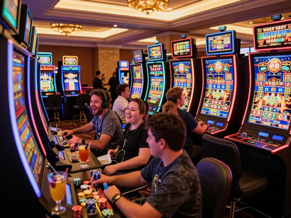 Players enjoying the vibrant excitement of F168's slot machines in a lively casino atmosphere.