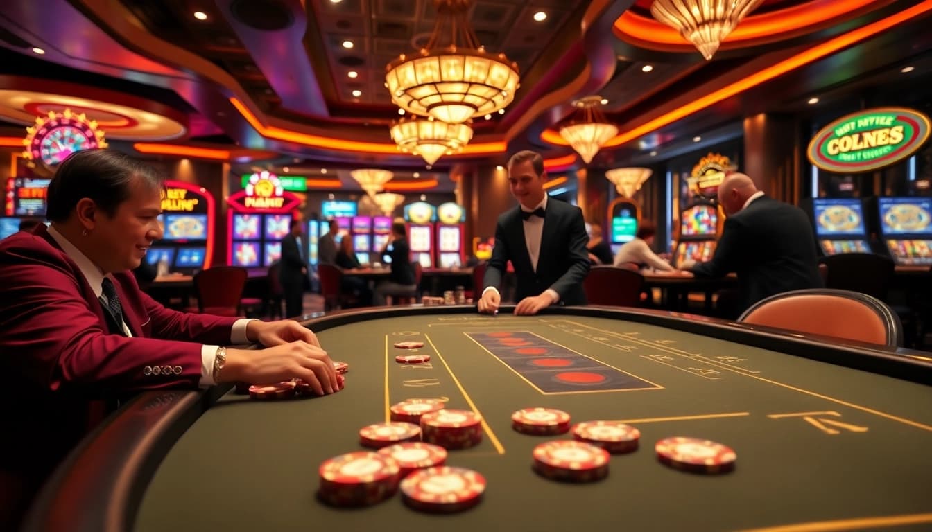 Players strategizing and placing bets at a luxurious casino table at https://debet66.com/ during an exciting game.