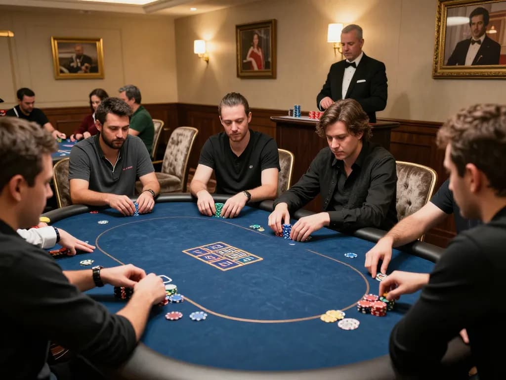 KU88 PRO players strategizing in an upscale poker room during a high-stakes game.