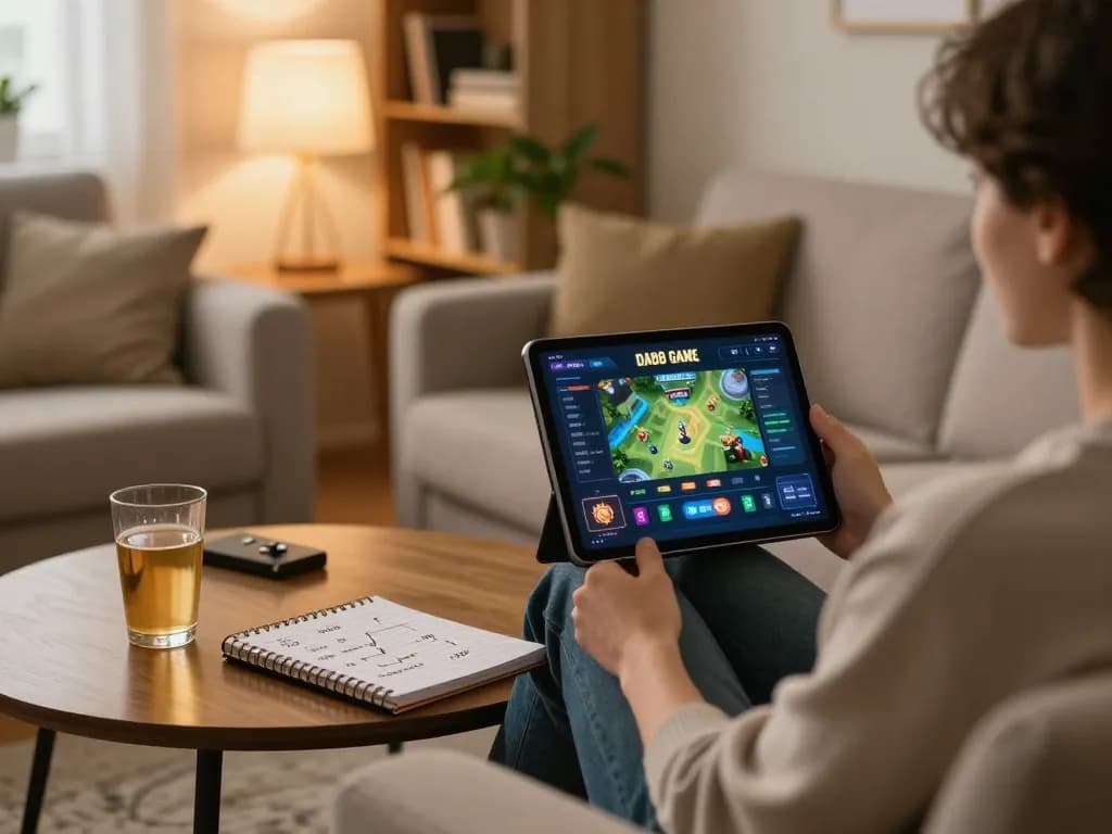 Person enjoying DA88 GAME on a tablet in a cozy home setting, showcasing responsible online gambling.