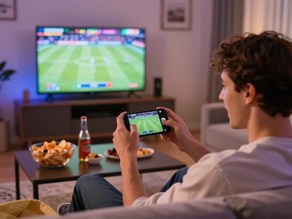 Engaging sports betting action with TIP88 app on smartphone in cozy home setting.