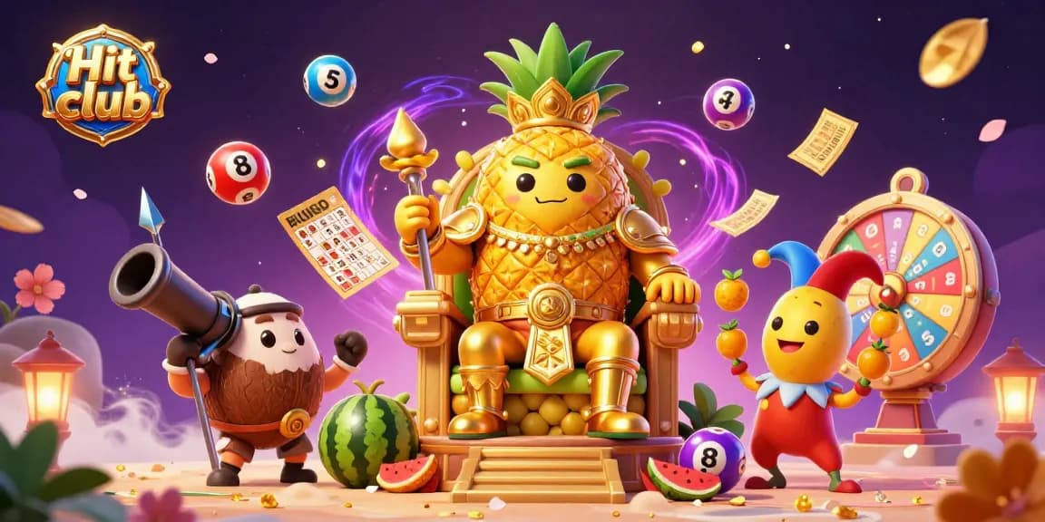 Hit club offers dynamic gaming with golden characters, colorful lottery balls, and exciting game visuals.