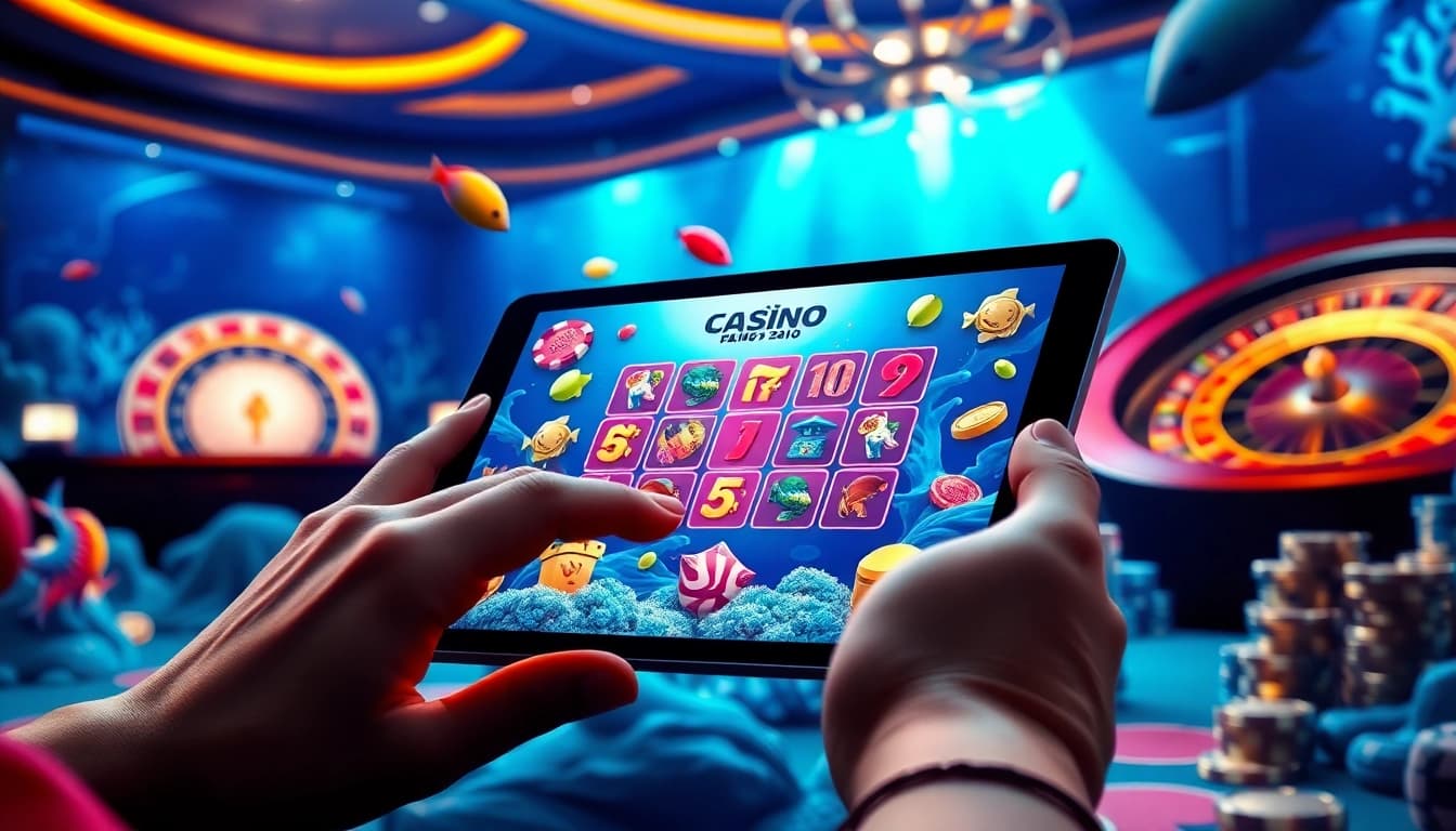 A player enjoying the bắn cá đổi thưởng game in a vibrant underwater casino atmosphere.