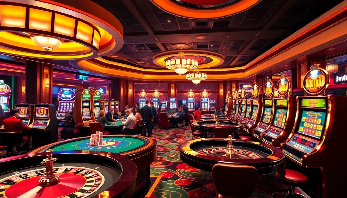 Players winning at 33win's luxurious casino tables with vibrant slot machines and roulette wheels.