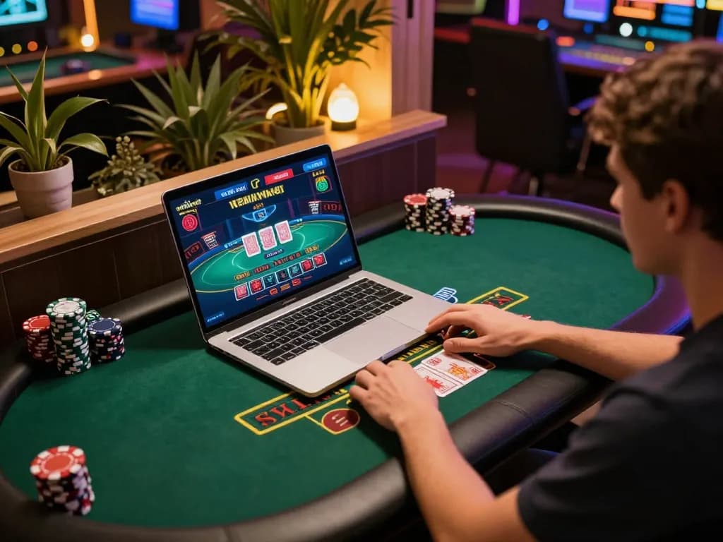 Engaged player at webnk88 enjoying live blackjack on a laptop in a cozy home setting.