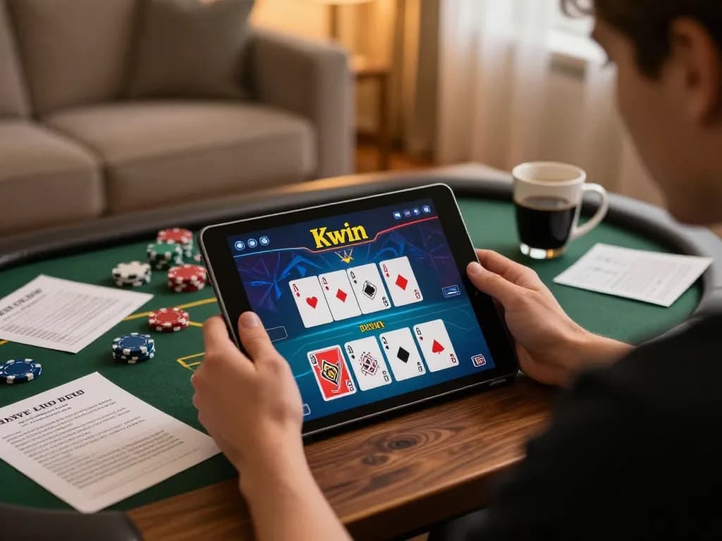 Kwin player engaging with a casino app during a home gaming session, showcasing strategic notes and cozy atmosphere.