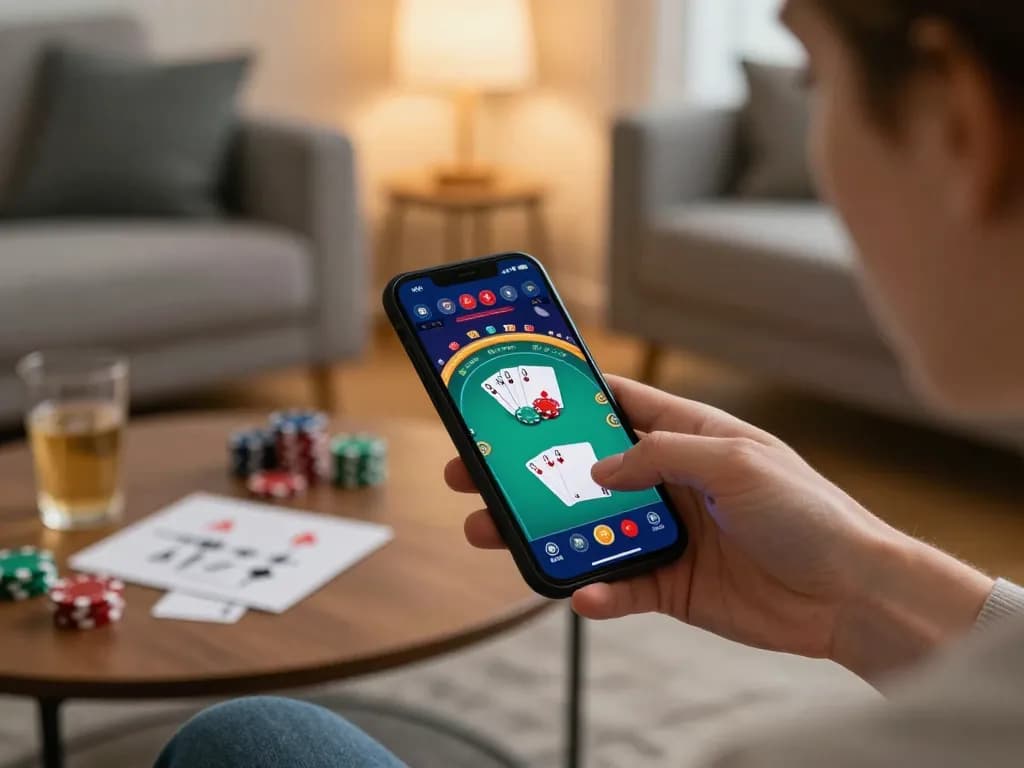 Player enjoying rikvip poker app on smartphone in cozy home environment