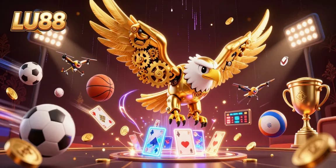 LU88 players unlocking games with a cybernetic eagle amidst dynamic casino energy and glowing elements.