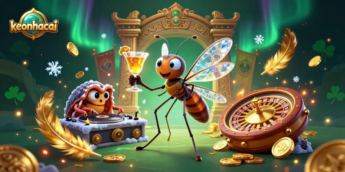 Engage with keonhacai's vibrant casino scene featuring lively characters, golden roulette wheels, and dynamic game elements.