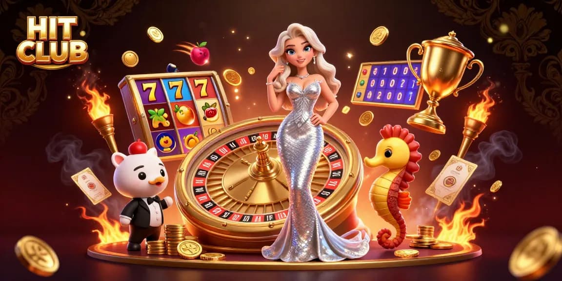 Engage in exciting gameplay at HIT CLUB with vibrant 3D illustrations highlighting casino elements.