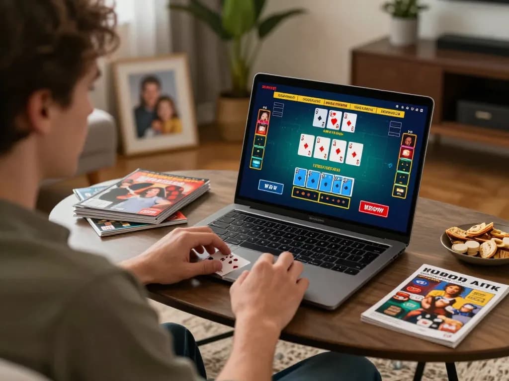 Debet88 player strategizing during an online blackjack session at home, showcasing betting interface.