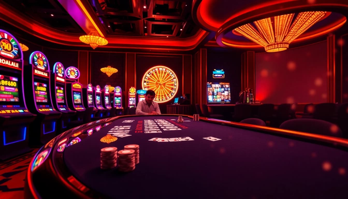 Cổng Game GO88 immersive online gaming scene with players engaged at casino table and vibrant slot machines.