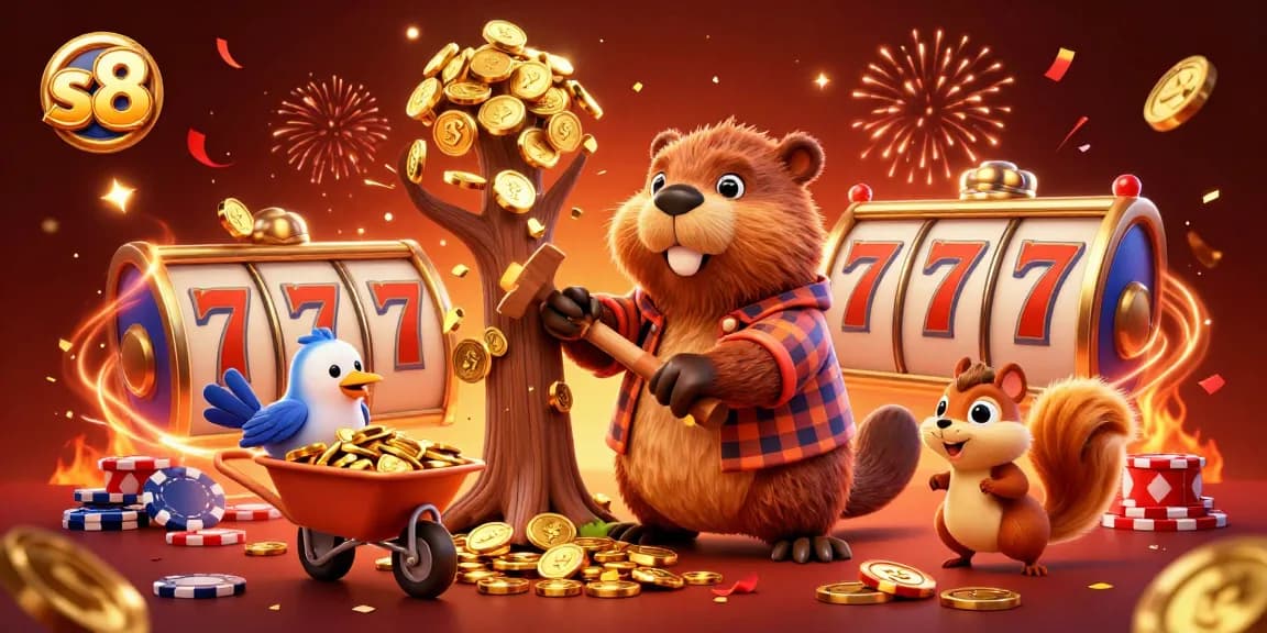 S8 online casino scene showcasing a beaver, bird, and squirrel collecting coins amidst vibrant slot game elements.