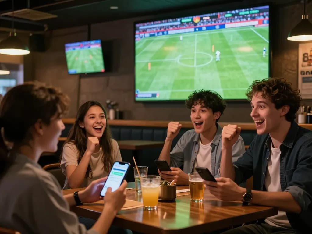 Xem bóng đá trực tuyến at an excited sports bar with fans cheering while using betting apps.