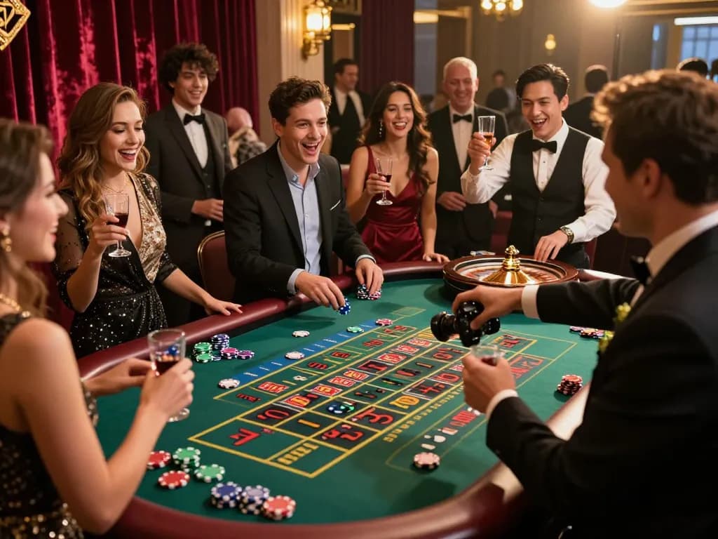 RED88 players celebrating at a roulette table during an exciting casino night, vibrant atmosphere.