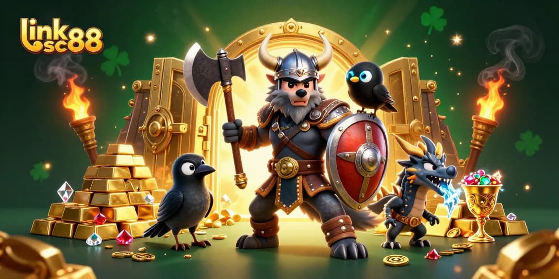 Win big at the casino with link sc88, showcasing Viking warrior and treasures in 3D