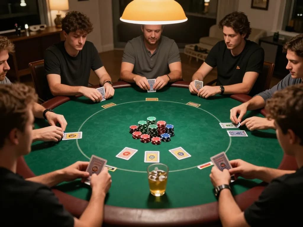 NHÀ CÁI 88AA players enjoying an exciting poker game, with chips and cards in a cozy setting.