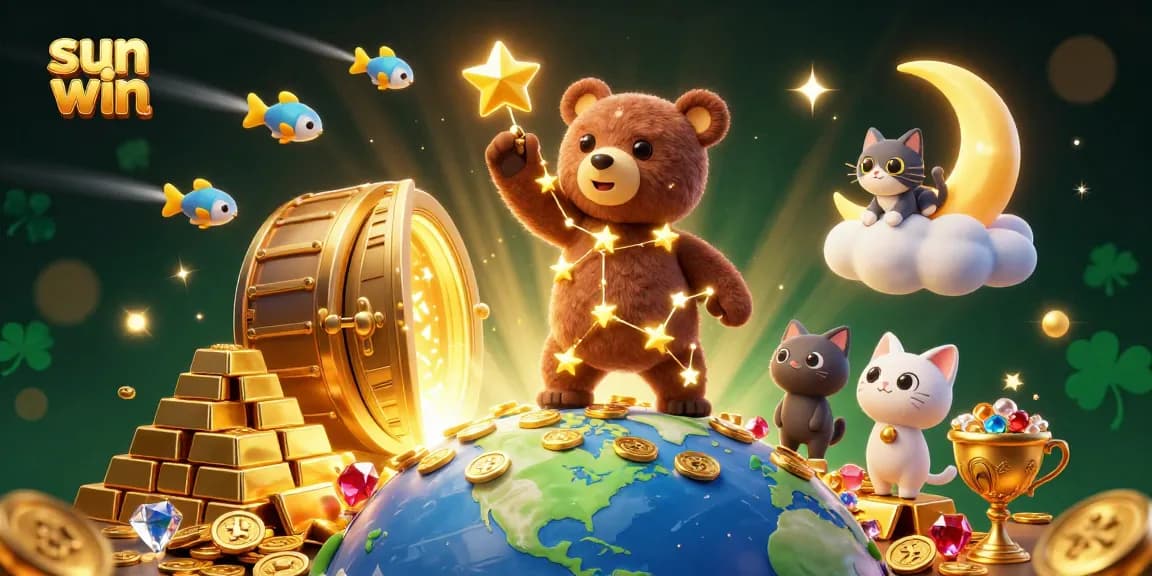Experience thrilling wins at sun win with celestial characters grabbing coins amidst bursts of gold.