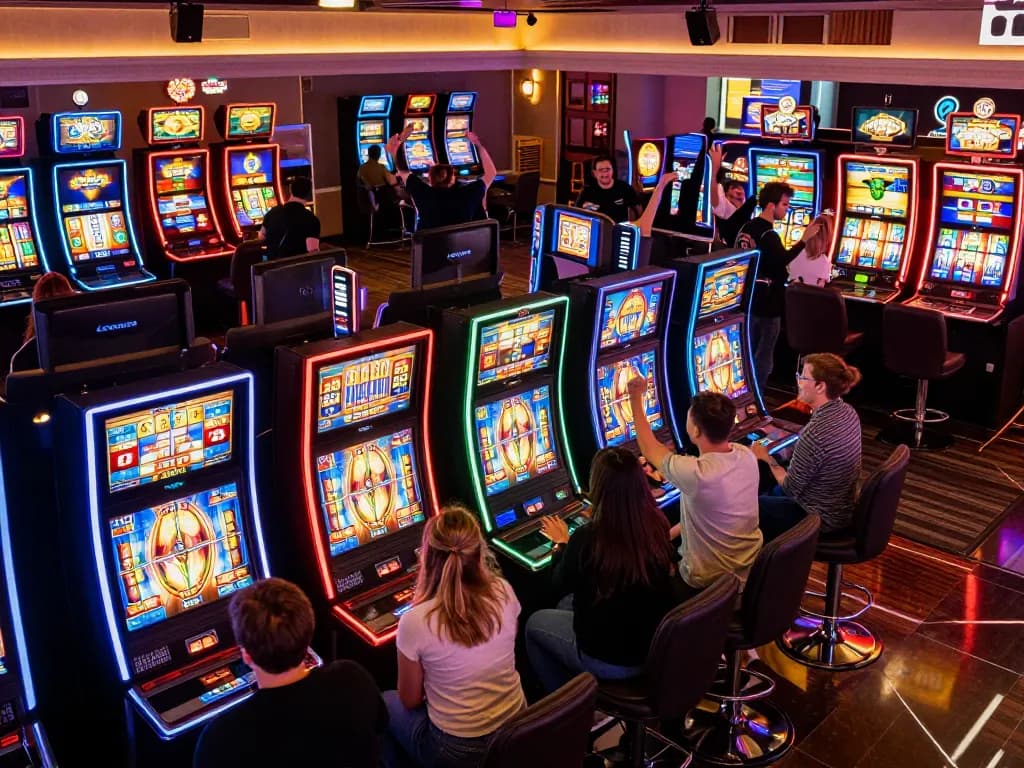LODE 88 players celebrating wins at colorful slot machines in vibrant casino