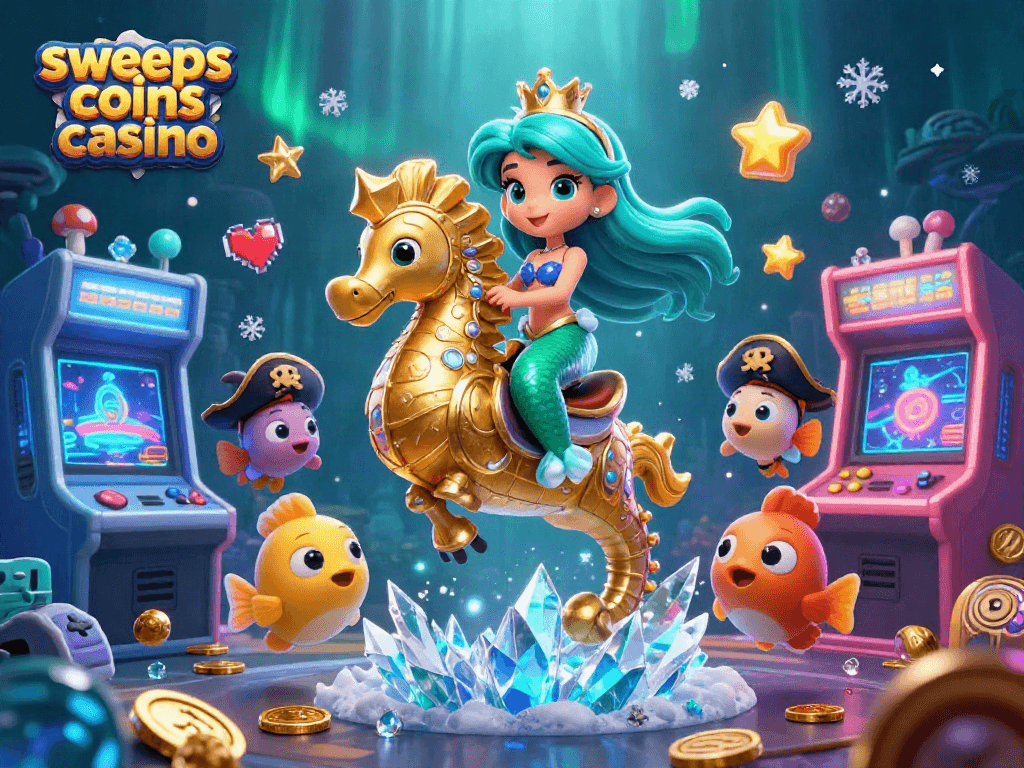 Engage with the exciting theme of sweeps coins casino featuring a cartoon mermaid princess and gaming elements.