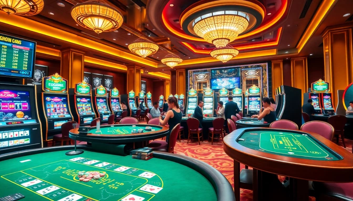 Engaging gaming experience at Trang Chủ QQ88 online casino with vibrant slot machines and poker tables.