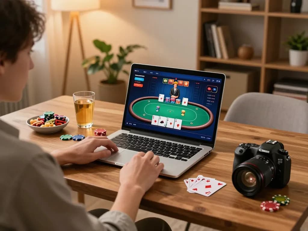 Player engaging in iwin club online poker game at home with cozy atmosphere and stylish setup.