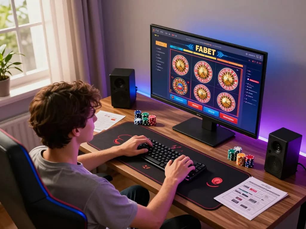 Person engaging in online gaming at FABET with poker chips, strategy notes, and vibrant screen interface