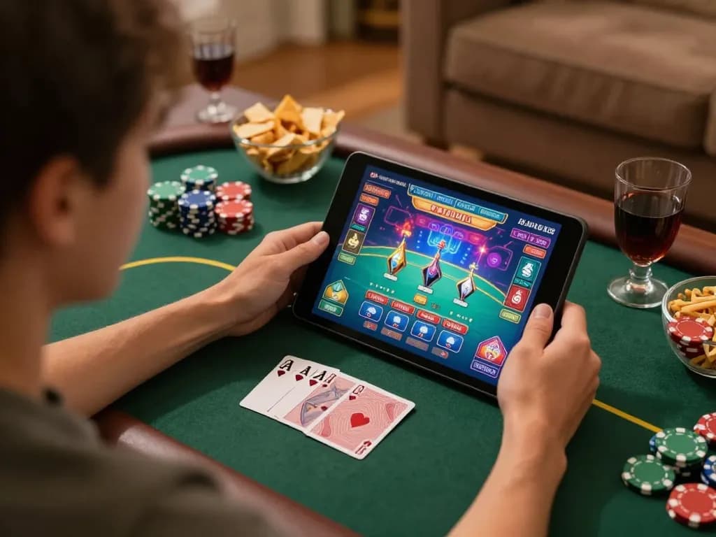 Engaged player using the kp88 link for online poker in a cozy home environment