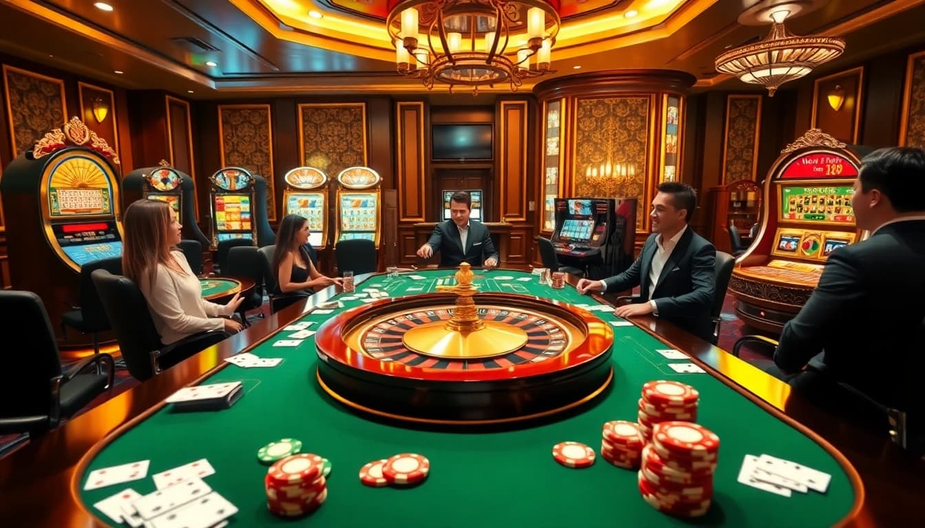 Exciting casino atmosphere featuring poker chips and roulette wheels at https://king88hz.vip/ enticing high-stakes players.