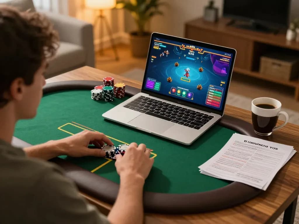 Player enjoying poker on Au88 platform displayed on laptop screen in cozy living room setting