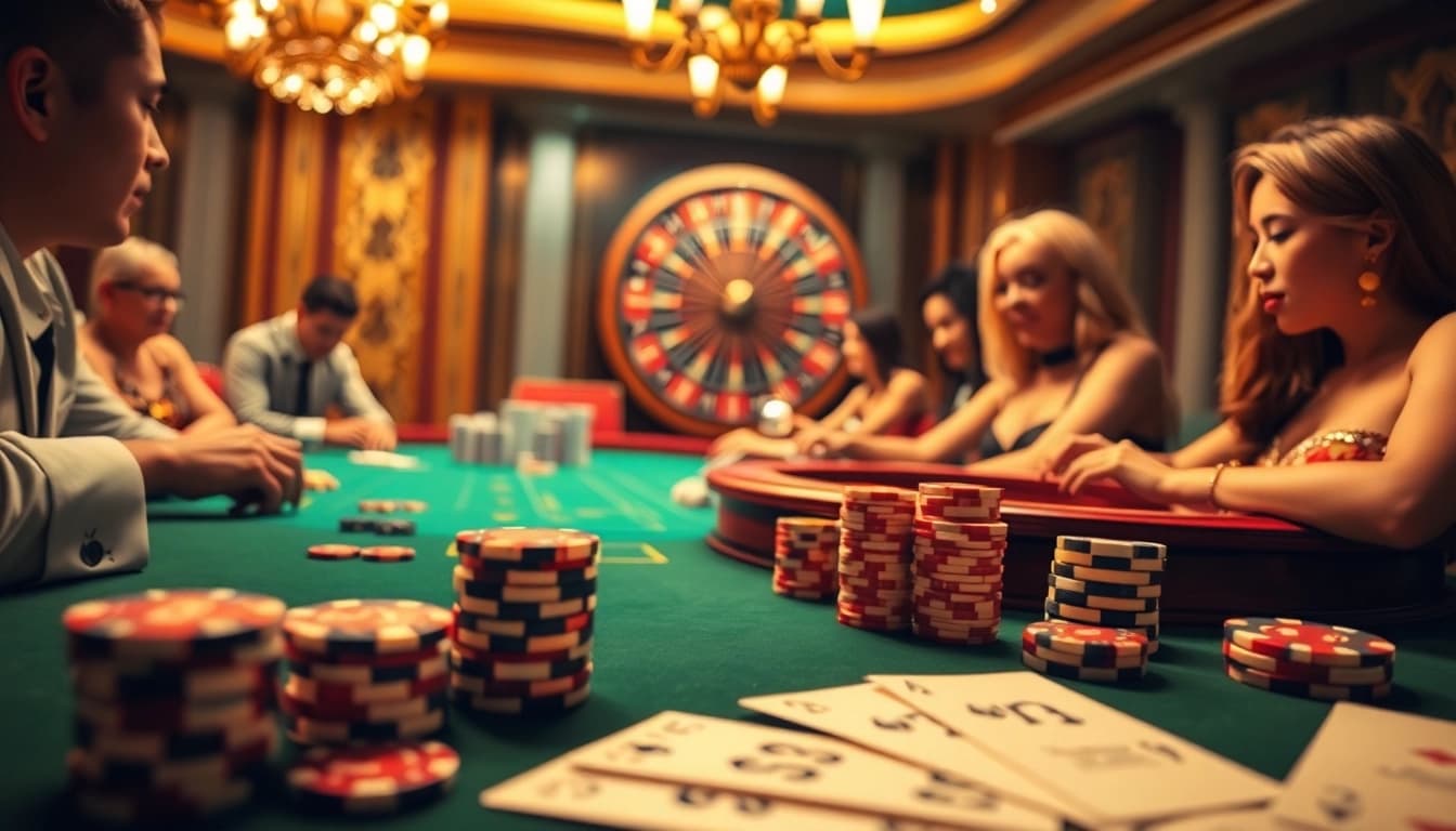Engage with the excitement at Thabet77's luxurious casino table featuring vibrant poker chips and cards.