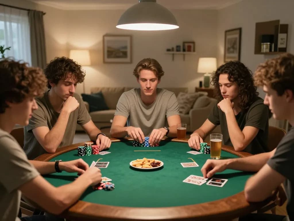 Gathering around the table playing poker, friends enjoying QQ88 Com gaming experience