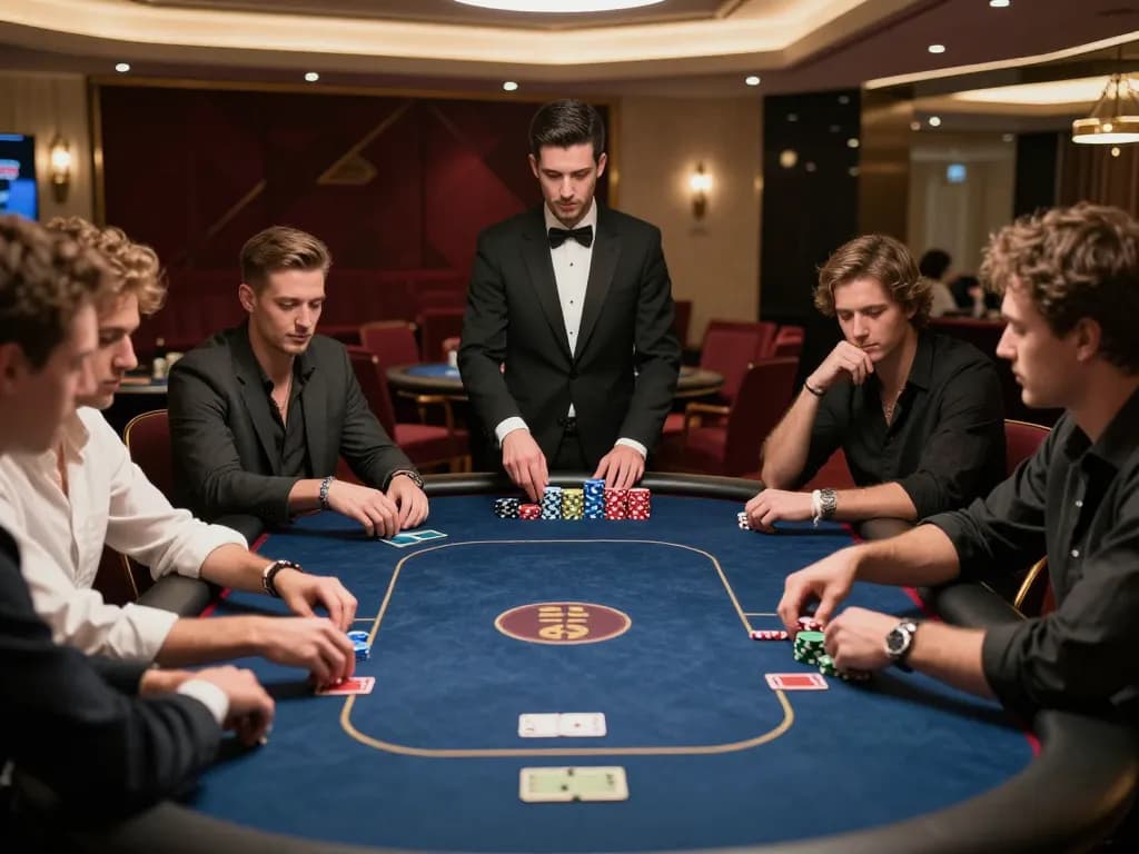 Engaged players strategizing at HD88 poker table in a luxurious casino setting