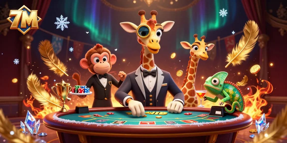 Bet on 7M sports betting dynamics with a vibrant casino scene featuring lively characters.