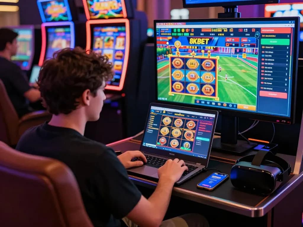 Player immersed in the 8KBET online casino gaming experience, showcasing vibrant graphics and thrilling atmosphere.