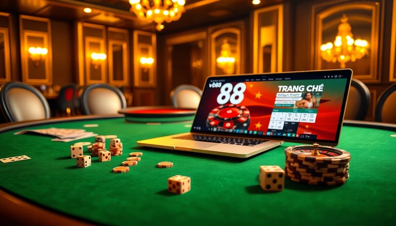 Experience excitement with Trang chủ vb88 at a luxurious casino table full of cards and chips.