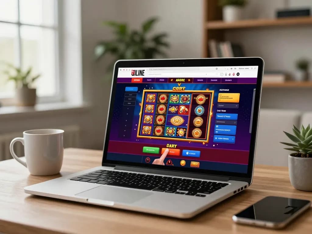 Engaging with the RED88 online casino on a laptop at home, showcasing vibrant games and user interaction.