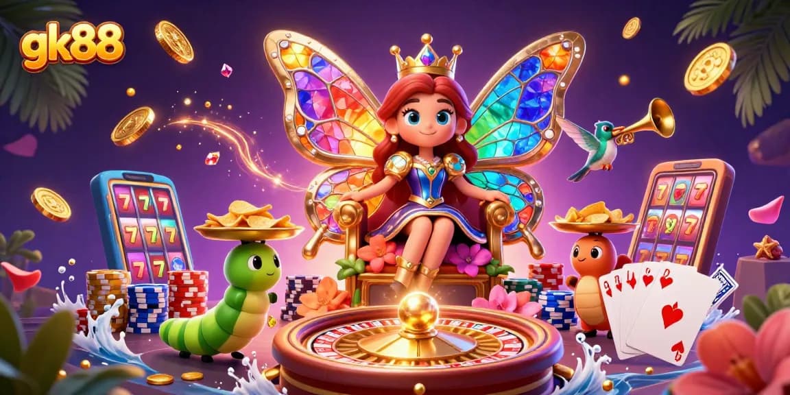 gk88's cartoon butterfly queen and vibrant casino scene filled with gold coins and chips