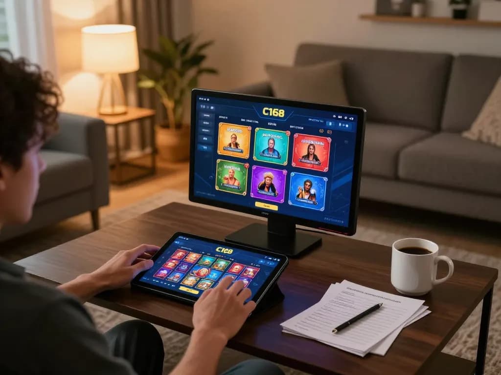 C168 player engaging in online gaming with a tablet at home, showcasing responsible gambling