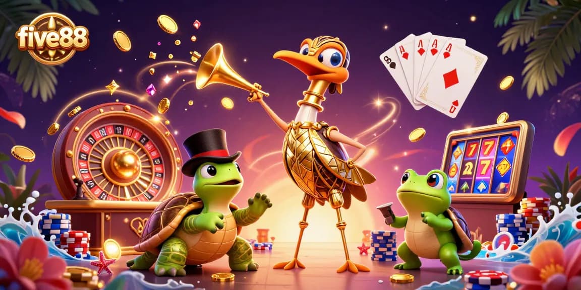 Experience the thrilling world of five88 with a vibrant casino-themed illustration showcasing gaming excitement.