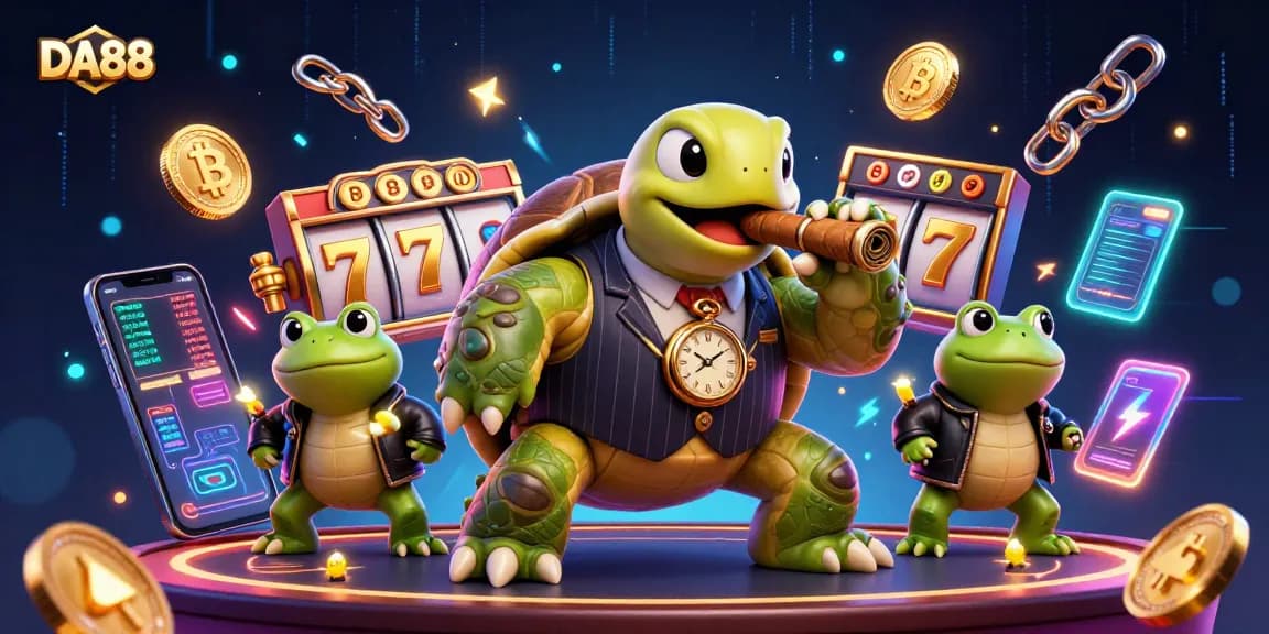 DA88 casino scene with a snapping turtle and bullfrog enforcers surrounded by neon gaming elements.