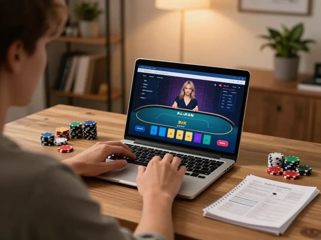hitclub4 online poker gameplay on laptop with strategic notes and chips on desk